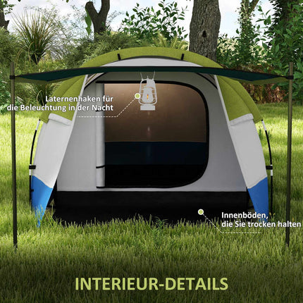 Kampeertent, tunneltent voor 3 personen, met lichte haken, luifel, 2 kamers, winddichte familietent met draagtas, 2000 mm waterafstotende pop-up tent voor kamperen, tuin, groen |