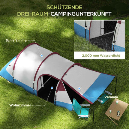 Camping-Tunnelzelt für 3 Personen - winddicht, 2 Räume