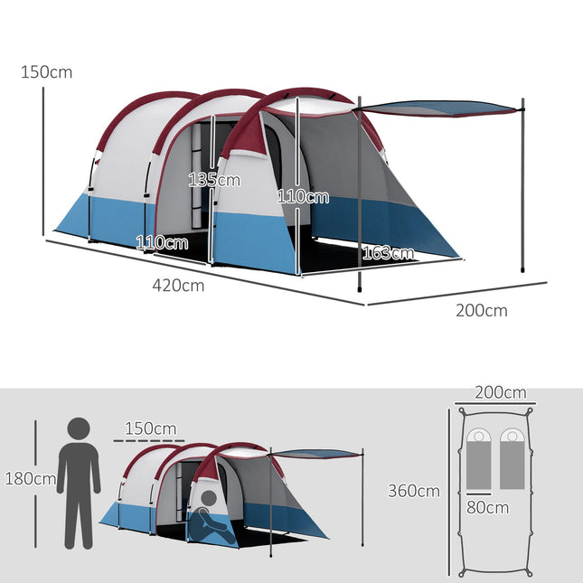 Kampeertent, tunneltent voor 3 personen, met lichte haken, luifel, 2 kamers, winddichte familietent met draagtas, 2000 mm waterafstotende pop-up tent voor kamperen, tuin, rood Aosoom