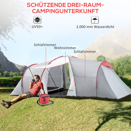 6-Personen-Tunnelzelt, winddicht UV50+, 2 Schlafzimmer