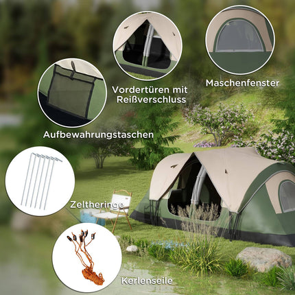 8-Personen-Tunnelzelt, winddicht, wasserabweisend, dunkelgrün