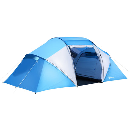 Tente de camping familiale tunnel avec 2 cabines de couchage pour 4 à 6 personnes, bleue (L 430 x l 240 x H 170 cm)