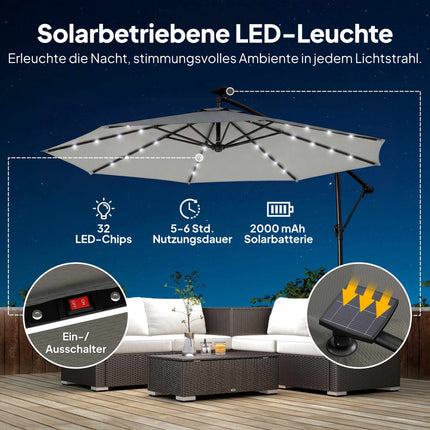 Ampelschirm, 3x3m, Solar-LED-Beleuchtung, UV-beständig