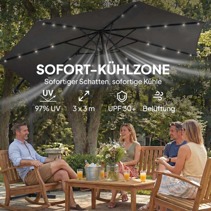 Boční zahradní slunečník, 3x3m, solární LED, odolný vůči UV