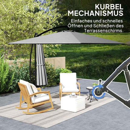 Parasol déporté Ø260 cm parasol avec protection UV 50+ hydrofuge parasol à manivelle avec pied, housse, manivelle, bloque-vent, parasol de marché parasol de jardin inclinable pour balcon terrasse gris Aosom