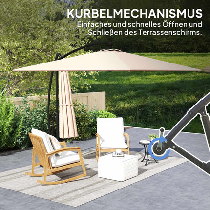 Parasol déporté Ø260 cm parasol avec protection UV 50+ hydrofuge parasol à manivelle avec pied, housse, manivelle, bloque-vent, parasol de marché parasol de jardin inclinable pour balcon terrasse kaki Aosom