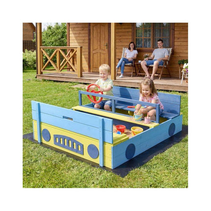 Car-Shaped Sandpit with Bench Lid, Steering Wheel and Liner, Fir Wood, Blue