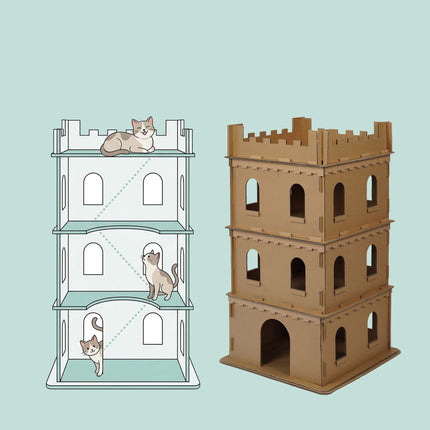 Katzenhaus aus Pappe, XL, 3-stöckiges Schloss, werkzeugfrei