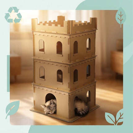 Katzenhaus aus Pappe, XL, 3-stöckiges Schloss, werkzeugfrei