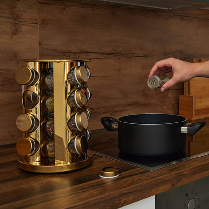 Carousel for golden spices with 16 glasses