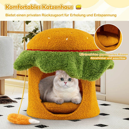 Katzenhöhle, Hamburger-Form, Plüschkissen, Orange