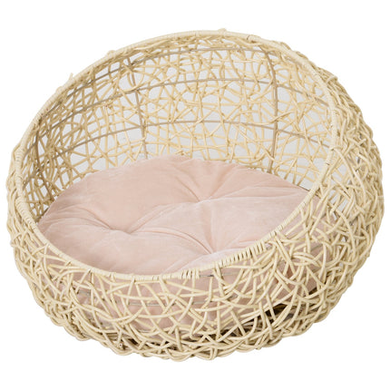 Rattan-Katzenhöhlenbett – Gemütlich beige mit Kissen, 56x35 cm
