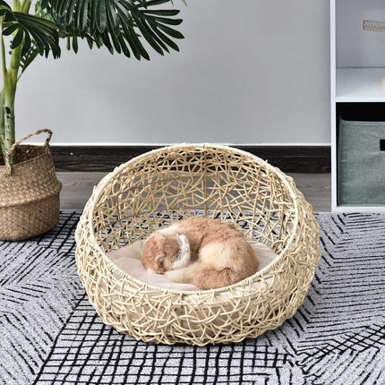 Rattan-Katzenhöhlenbett – Gemütlich beige mit Kissen, 56x35 cm