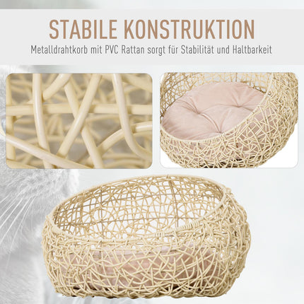 Rattan-Katzenhöhlenbett – Gemütlich beige mit Kissen, 56x35 cm