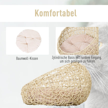 Rattan-Katzenhöhlenbett – Gemütlich beige mit Kissen, 56x35 cm