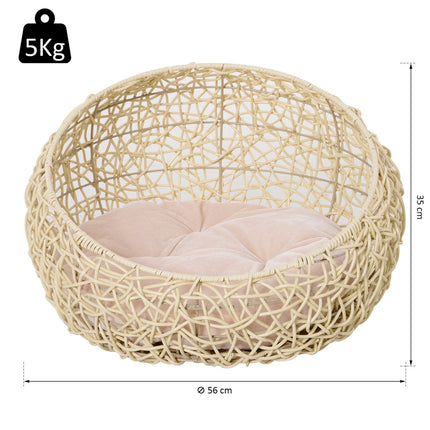 Rattan-Katzenhöhlenbett – Gemütlich beige mit Kissen, 56x35 cm