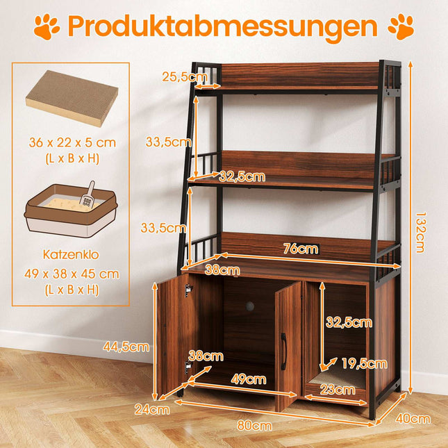 Katzenhäuschen mit Bücherregal, Ladestation, Kratzbrett, 80x40x132cm
