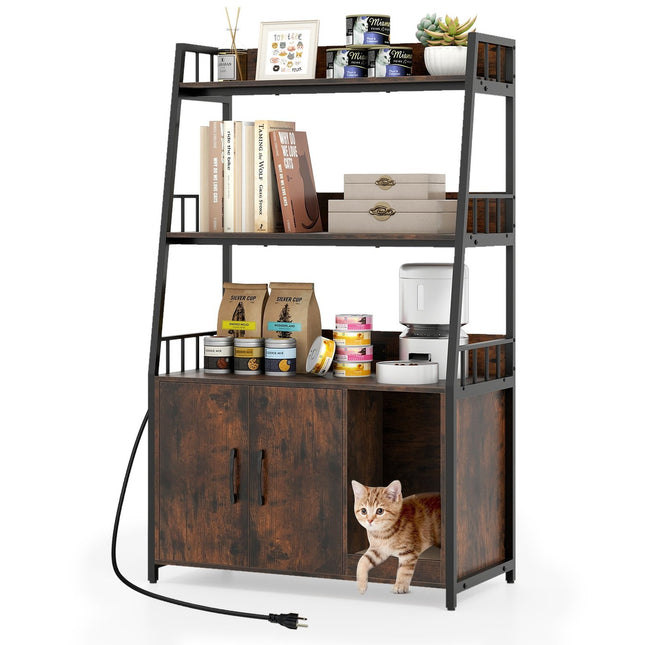 Katzenkabinett mit Bücherregal, Ladestation, Kratzpad, Eingang, 80x40x132cm, Braun