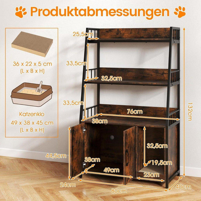 Katzenkabinett mit Bücherregal, Ladestation, Kratzpad, Eingang, 80x40x132cm, Braun