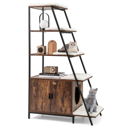 Cat Cabinet with Ladder Shelf and Litter Box Storage, Brown
