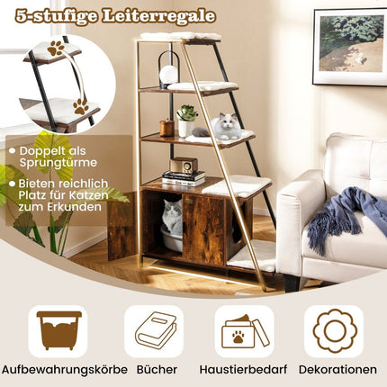 Cat Cabinet with Ladder Shelf and Litter Box Storage, Brown