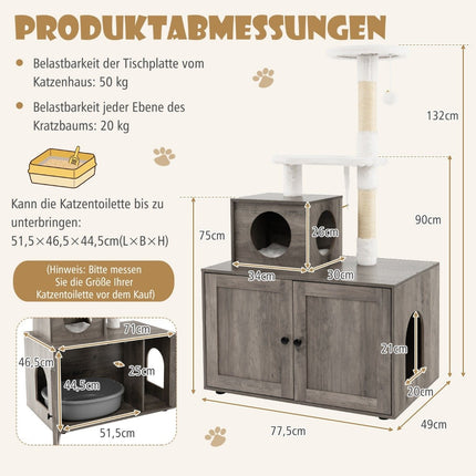 Katzenkabinett mit Kratzbaum für Katzentoilette, Grau