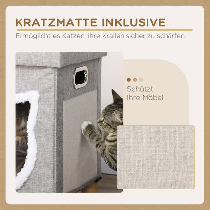 Katzenhöhle Ottoman mit Kissen und Kratzball, rutschfest Grau