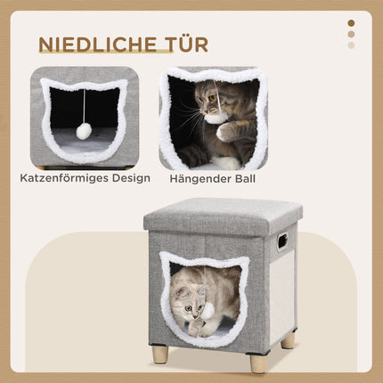 Katzenhöhle Ottoman mit Kissen und Kratzball, rutschfest Grau