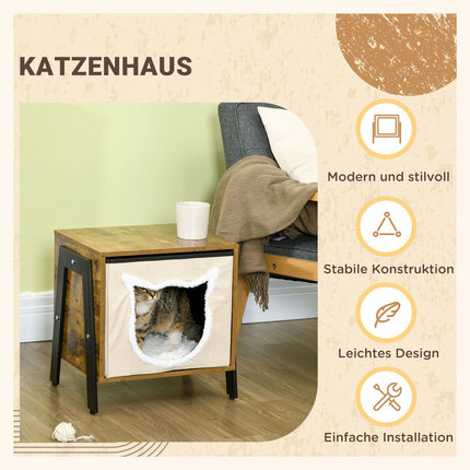 Katzenhöhle mit Kissen und Boden, passend für Katzen bis 5 kg, rustikales Braun