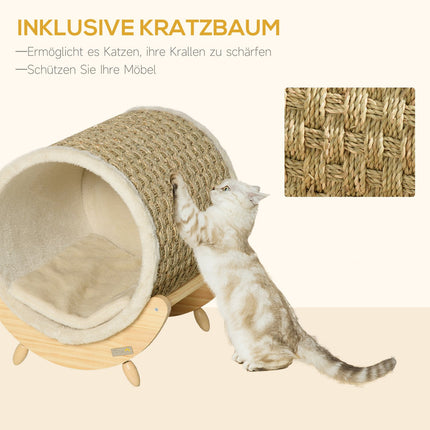 Katzenhöhlenbett mit Kratzplatte, Kiefer, Flanell
