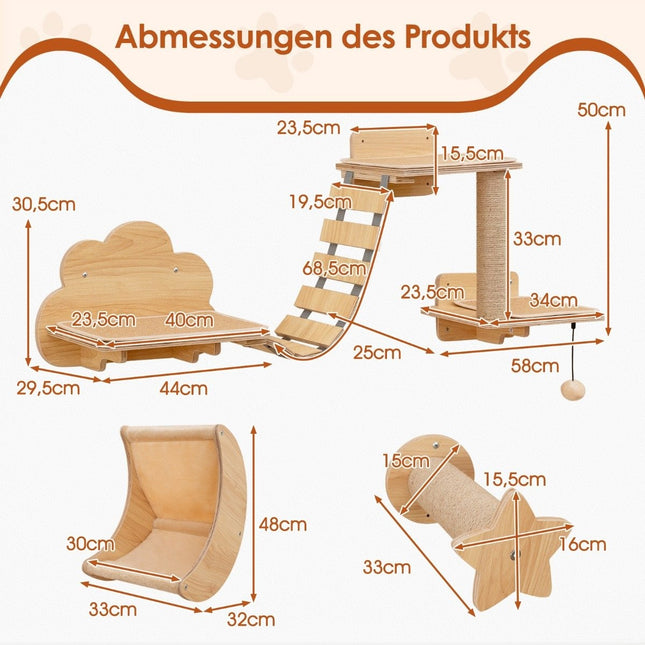 Katzenkletterwand-Set – 6-teilig, Hängematte, Kratzbaum
