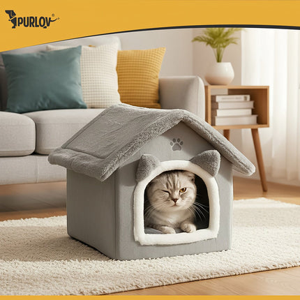 Cat House Bed with Removable Roof and Cushion, Gray