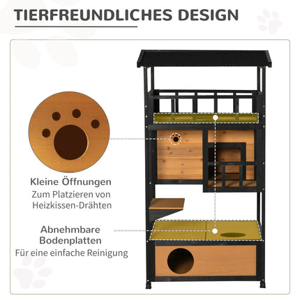 Wetterfestes Katzenhaus aus Fichtenholz für den Außenbereich - 4 Ebenen & Treppen