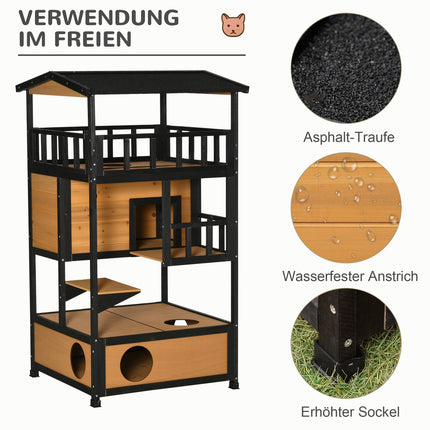 Wetterfestes Katzenhaus aus Fichtenholz für den Außenbereich - 4 Ebenen & Treppen