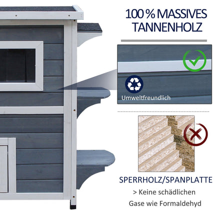 Kattenhuis Grijs 2 Niveaus Kattenvilla Met Trap, Asfalt Dak & Ramen, Dennenhout, 51X51X81.3Cm