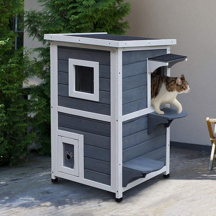Kattenhuis Grijs 2 Niveaus Kattenvilla Met Trap, Asfalt Dak & Ramen, Dennenhout, 51X51X81.3Cm
