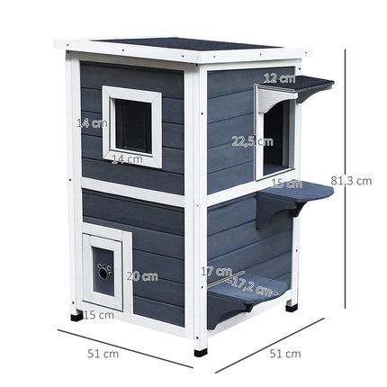 Kattenhuis Grijs 2 Niveaus Kattenvilla Met Trap, Asfalt Dak & Ramen, Dennenhout, 51X51X81.3Cm