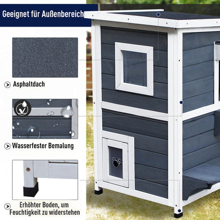 Kattenhuis Grijs 2 Niveaus Kattenvilla Met Trap, Asfalt Dak & Ramen, Dennenhout, 51X51X81.3Cm
