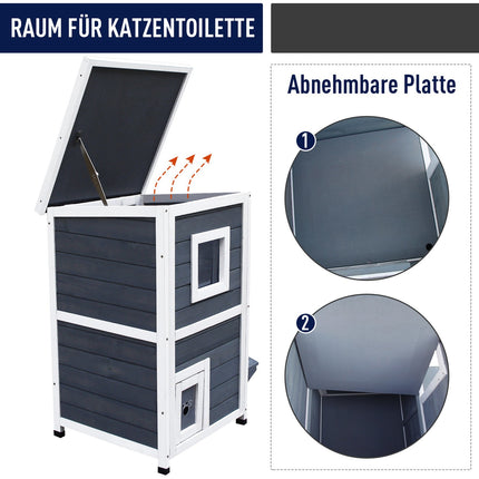 Kattenhuis Grijs 2 Niveaus Kattenvilla Met Trap, Asfalt Dak & Ramen, Dennenhout, 51X51X81.3Cm