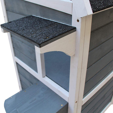 Kattenhuis Grijs 2 Niveaus Kattenvilla Met Trap, Asfalt Dak & Ramen, Dennenhout, 51X51X81.3Cm