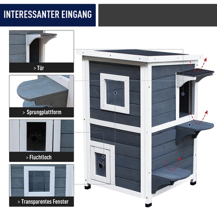 Kattenhuis Grijs 2 Niveaus Kattenvilla Met Trap, Asfalt Dak & Ramen, Dennenhout, 51X51X81.3Cm