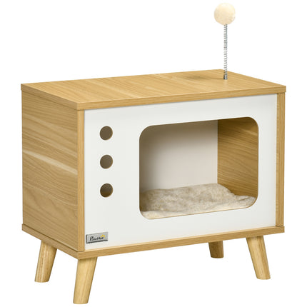 Katzenhaus mit Spielball & Kissen, Eiche/Beige/Weiß 50x28x43 cm