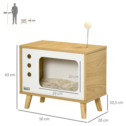 Katzenhaus mit Spielball & Kissen, Eiche/Beige/Weiß 50x28x43 cm