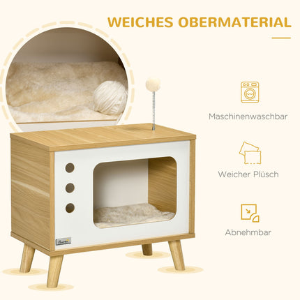 Katzenhaus mit Spielball & Kissen, Eiche/Beige/Weiß 50x28x43 cm