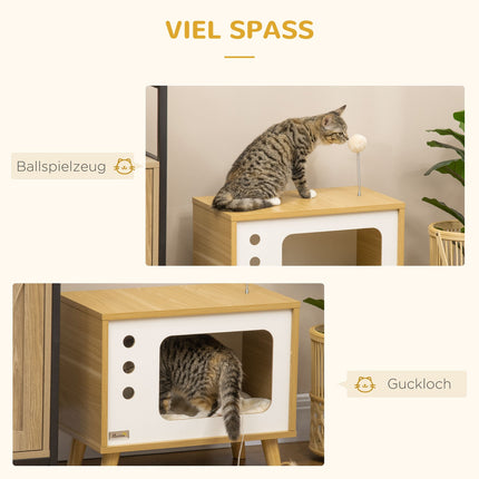 Katzenhaus mit Spielball & Kissen, Eiche/Beige/Weiß 50x28x43 cm