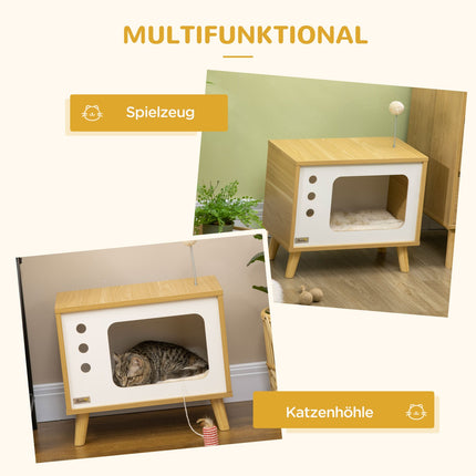 Katzenhaus mit Spielball & Kissen, Eiche/Beige/Weiß 50x28x43 cm
