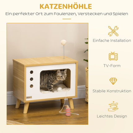 Katzenhaus mit Spielball & Kissen, Eiche/Beige/Weiß 50x28x43 cm