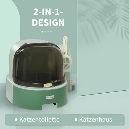 Large cat litter box, pull-out compartments, hood, green