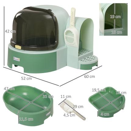 Large cat litter box, pull-out compartments, hood, green