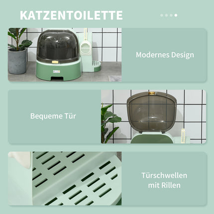 Large cat litter box, pull-out compartments, hood, green